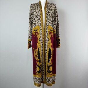Max Sport Longline Duster Cardigan Women's Size M Leopard Mix Print Open Front